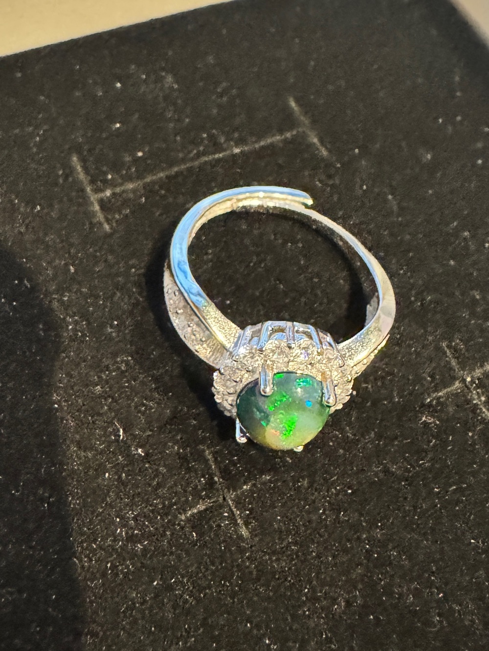 Black Opal Halo Silver tone Ring - adjustable size Elegant Women's Jewelry
